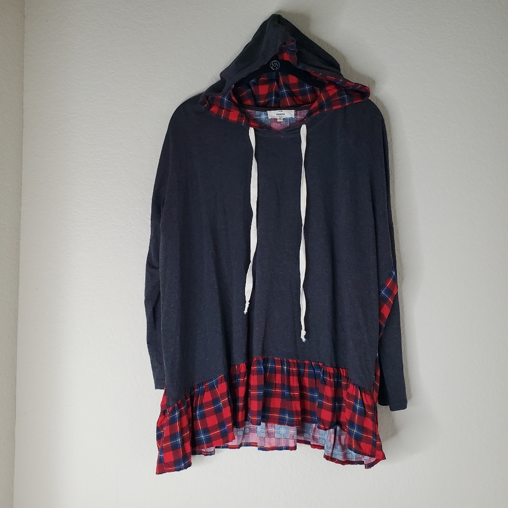 Entro Mixed Media Hoodie in Charcoal & Plaid Top Size Small